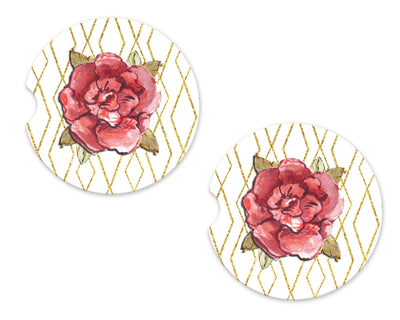 Red Rose Sandstone Car Coasters (Set of Two)