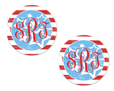 Red White and Blue Personalized Sandstone Car Coasters (Set of Two)