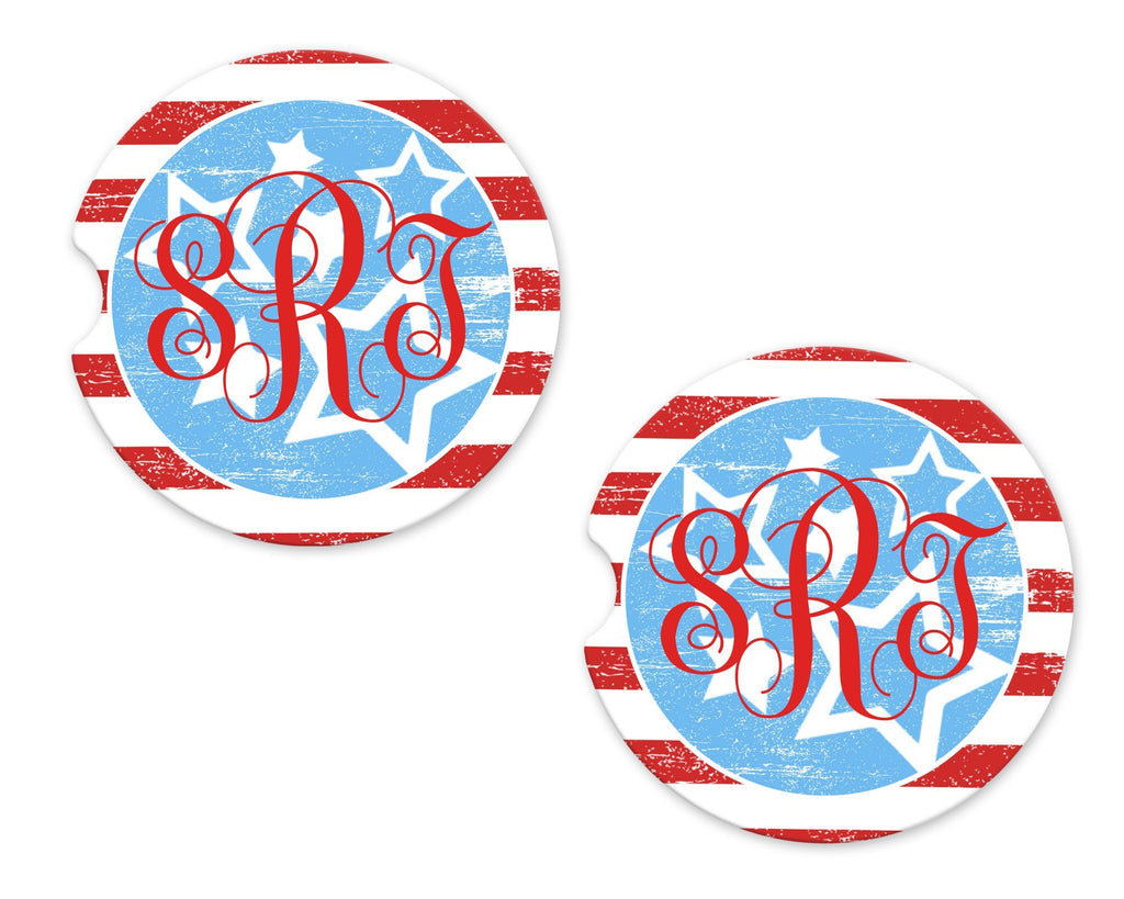 Red White and Blue Personalized Sandstone Car Coasters - Sew Lucky Embroidery