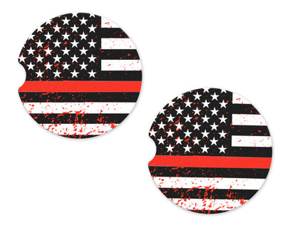 Red Line Firefighter Sandstone Car Coasters (Set of Two)
