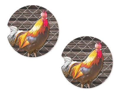 Rooster inside Fence Sandstone Car Coasters (Set of Two)