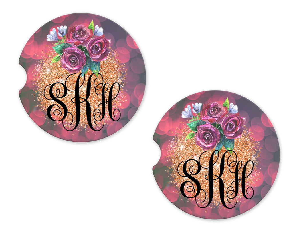 Roses and Glitter Personalized Sandstone Car Coasters - Sew Lucky Embroidery