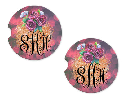 Roses and Glitter Personalized Sandstone Car Coasters (Set of Two)
