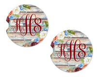 Rustic Wood and Floral Personalized Sandstone Car Coasters - Sew Lucky Embroidery