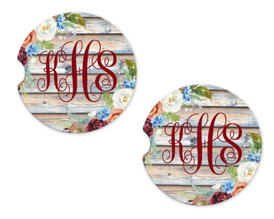 Rustic Wood and Floral Personalized Sandstone Car Coasters (Set of Two)