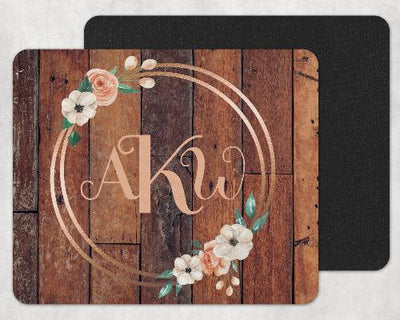 Rustic Wood and Flowers in Gold Frame Custom Monogrammed Mouse Pad