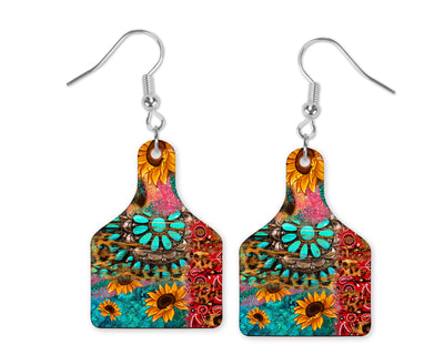 Rustic Dreams Sunflowers Cow Tag Earrings