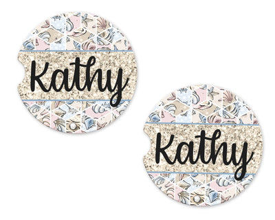 Sea Shell and Glitter Personalized Sandstone Car Coasters (Set of Two)
