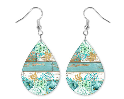 Sea Crest  Wood and Flowers Teardrop Earrings