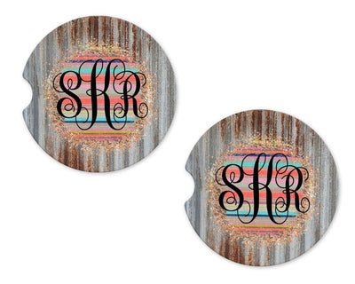 Serape and Metal Personalized Sandstone Car Coasters (Set of Two)