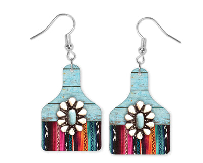 Serape Wood Cow Tag Earrings