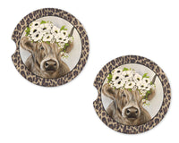 Shaggy Cow and Leopard Print Sandstone Car Coasters - Sew Lucky Embroidery
