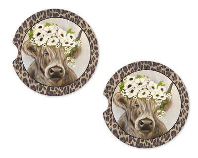 Shaggy Cow and Leopard Print Sandstone Car Coasters (Set of Two)