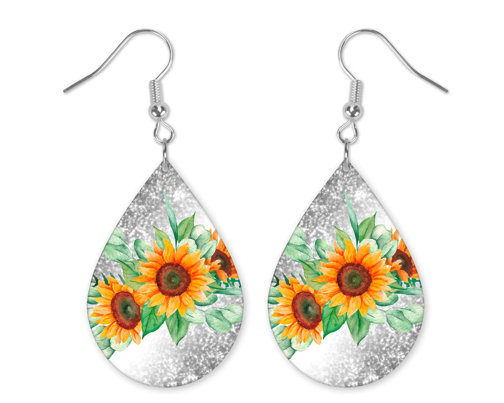 Silver Glitter Sunflowers Teardrop Earrings - Sew Lucky Embroidery
