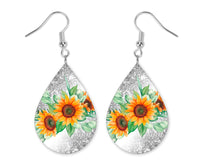 Silver Glitter Sunflowers Teardrop Earrings - Sew Lucky Embroidery