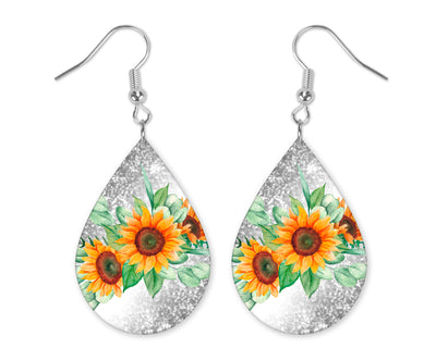 Silver Glitter Sunflowers Teardrop Earrings