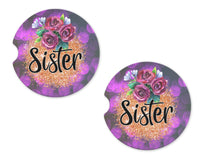 Sister Purple and Glitter Sandstone Car Coasters - Sew Lucky Embroidery