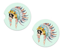 Skull and Indian Headdress Sandstone Car Coasters - Sew Lucky Embroidery