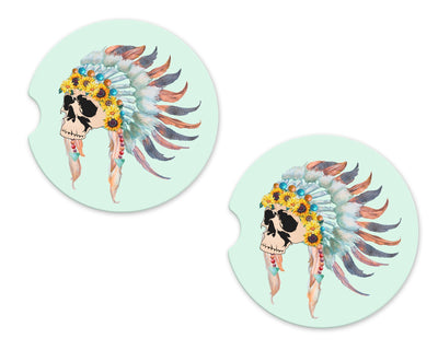 Skull and Indian Headdress Sandstone Car Coasters (Set of Two)