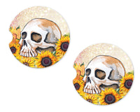 Skull and Sunflowers Sandstone Car Coasters - Sew Lucky Embroidery