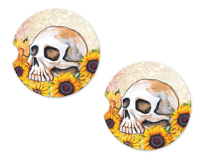 Skull and Sunflowers Sandstone Car Coasters (Set of Two)