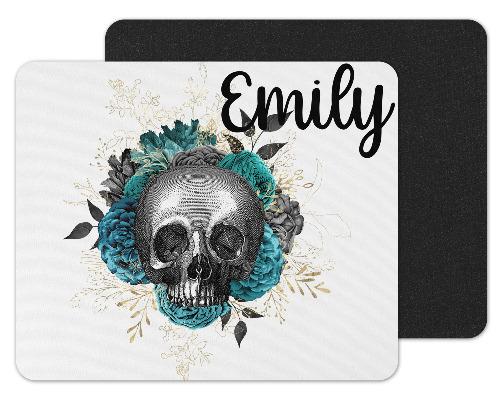 Skull with Teal Floral Custom Personalized Mouse Pad - Sew Lucky Embroidery