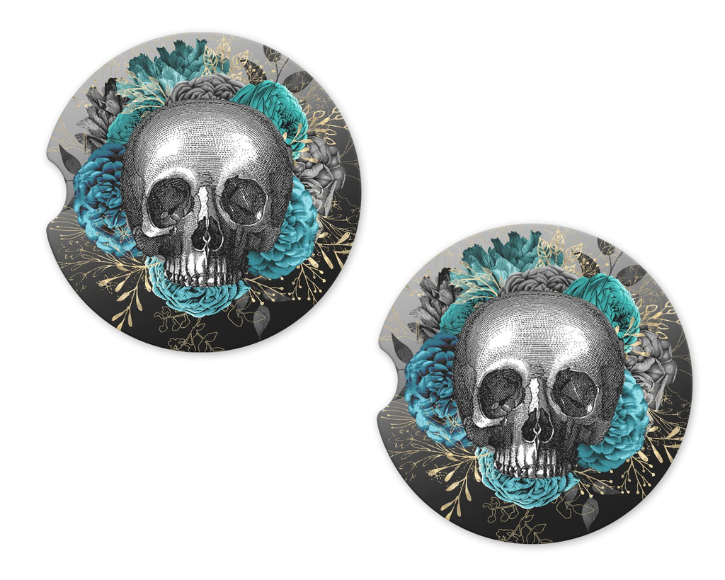 Skull with Teal Roses Sandstone Car Coasters - Sew Lucky Embroidery