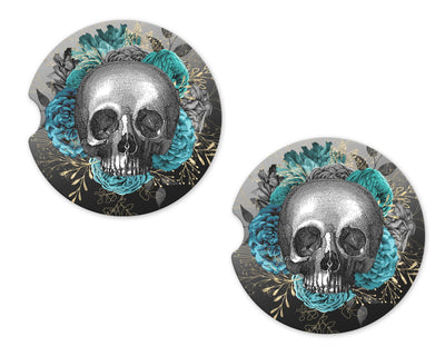 Skull with Teal Roses Sandstone Car Coasters (Set of Two)