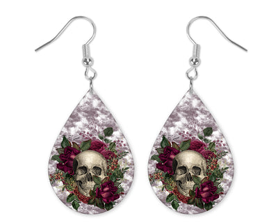 Skull and Roses Teardrop Earrings