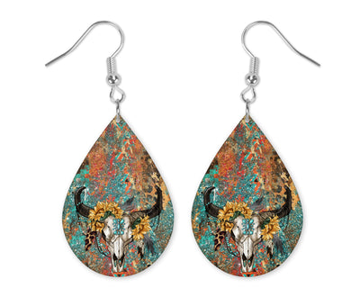 Southwest Cow Skull Teardrop Earrings