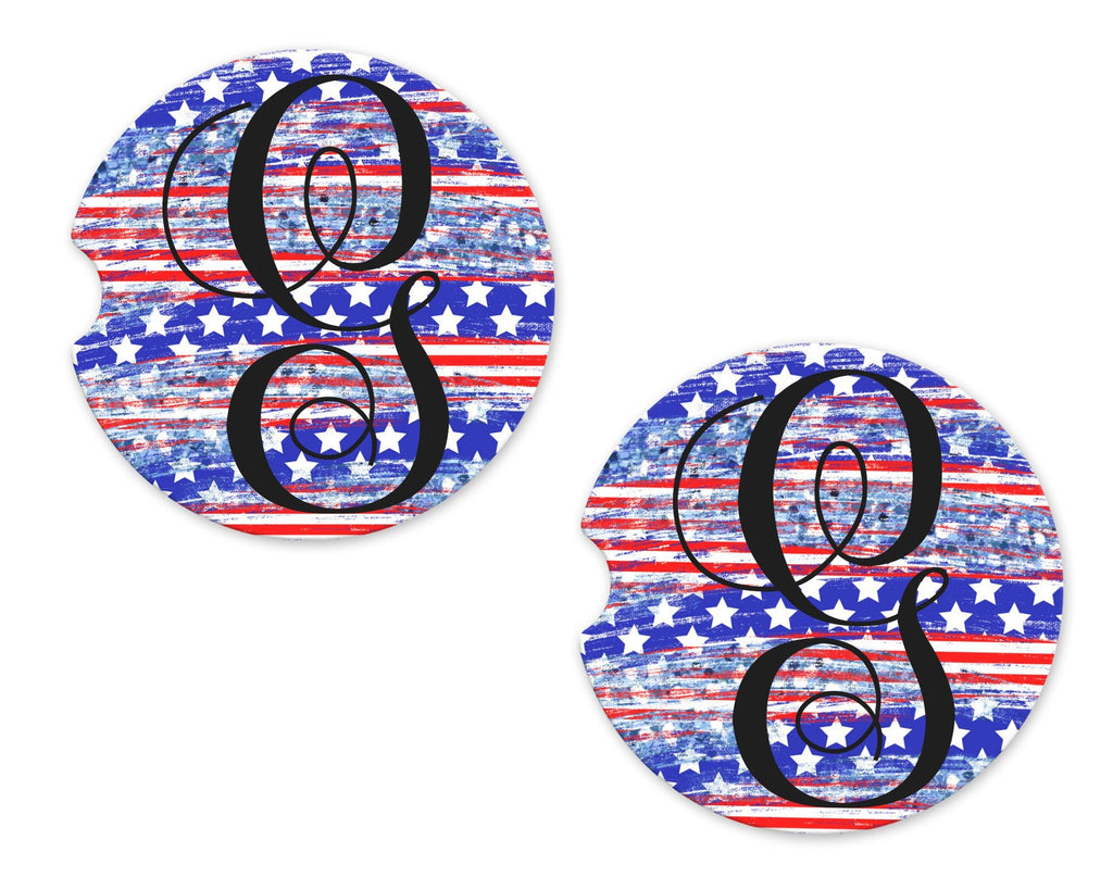 Striated July 4th Design Personalized Sandstone Car Coasters - Sew Lucky Embroidery