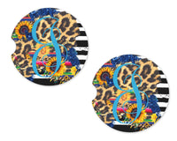 Stripes Cheetah print and sunflowers Personalized Sandstone Car Coasters - Sew Lucky Embroidery