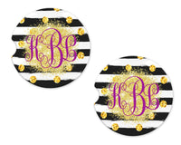 Stripes with Gold Jewels Glitter Personalized Sandstone Car Coasters - Sew Lucky Embroidery