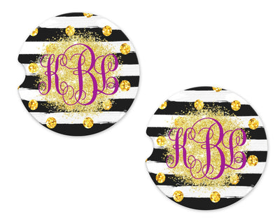 Stripes with Gold Jewels Glitter Personalized Sandstone Car Coasters (Set of Two)