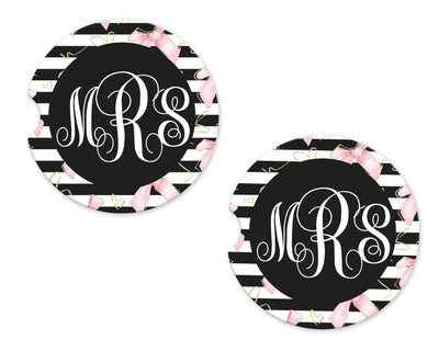 Stripes with Pink Bows Personalized Sandstone Car Coasters (Set of Two)