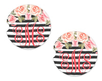 Stripes with Pink Roses Personalized Sandstone Car Coasters - Sew Lucky Embroidery