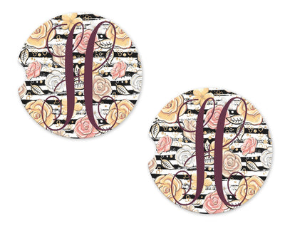 Stripes with Roses and Leaves Personalized Sandstone Car Coasters (Set of Two)