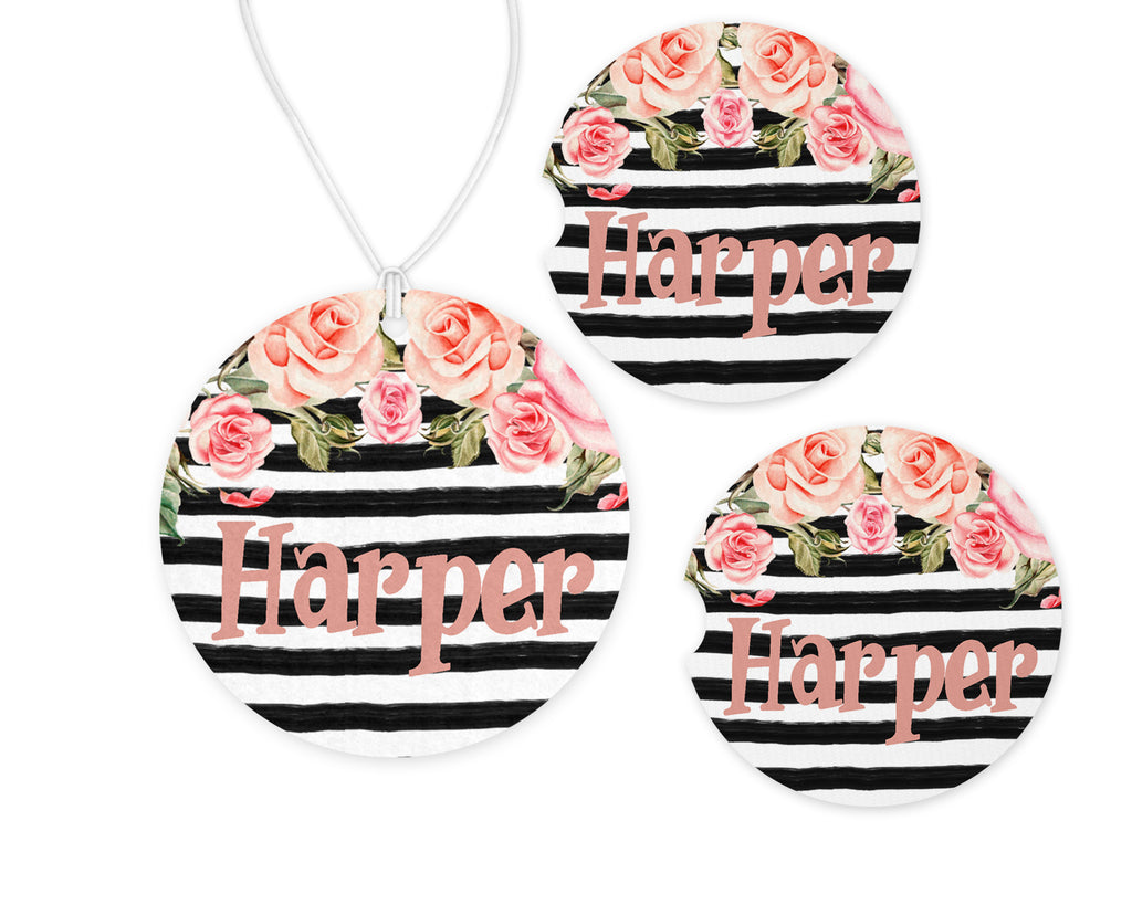 Stripes and Roses Car Charm and set of 2 Sandstone Car Coasters Personalized - Sew Lucky Embroidery