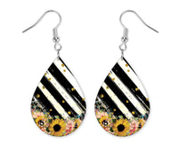 Stripes and Sunflowers Teardrop Earrings - Sew Lucky Embroidery