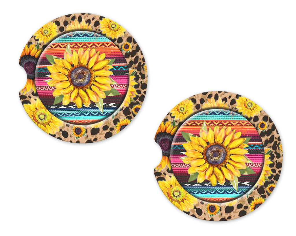 Sunflower with Serape Print Sandstone Car Coasters - Sew Lucky Embroidery