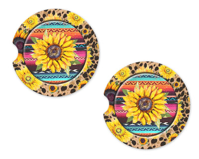 Sunflower with Serape Print Sandstone Car Coasters (Set of Two)