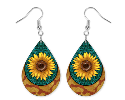 Sunflower on Swirls Teardrop Earrings