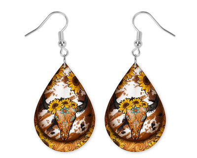 Sunflower Bull Skull Teardrop Earrings