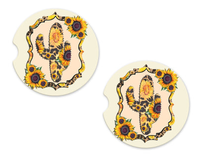 Sunflowers and Cactus Sandstone Car Coasters (Set of Two)