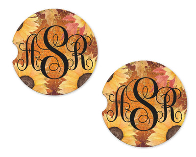 Sunflowers and Fall Leaves Personalized Sandstone Car Coaster (Set of Two)