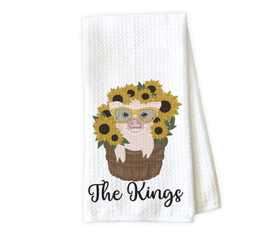 Sunflowers and Pig Personalized Waffle Weave Microfiber Kitchen Towel