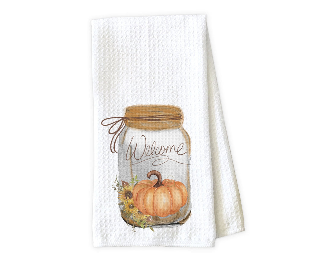 Sunflowers and Pumpkin Mason Jar Personalized Kitchen Towel - Waffle Weave Towel - Microfiber Towel - Kitchen Decor - House Warming Gift - Sew Lucky Embroidery