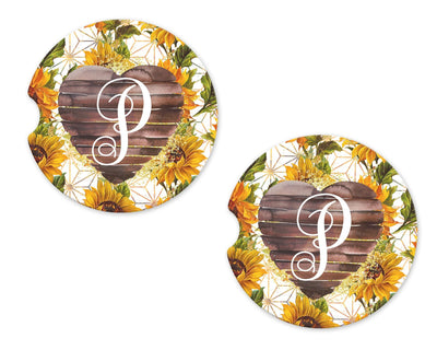 Sunflowers and Wooden Heart Personalized Sandstone Car Coaster (Set of Two)