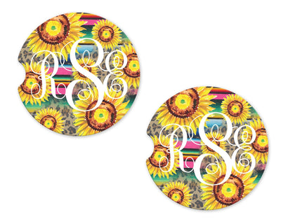 Sunflowers Leopard and Serape Personalized Sandstone Car Coasters (Set of Two)