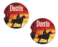 Sunset Cowboy Personalized Sandstone Car Coasters - Sew Lucky Embroidery